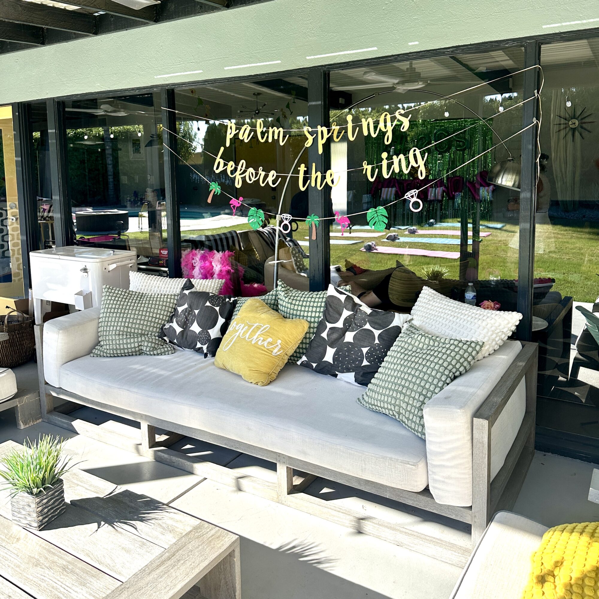 Palm Springs bachelorette yoga setup